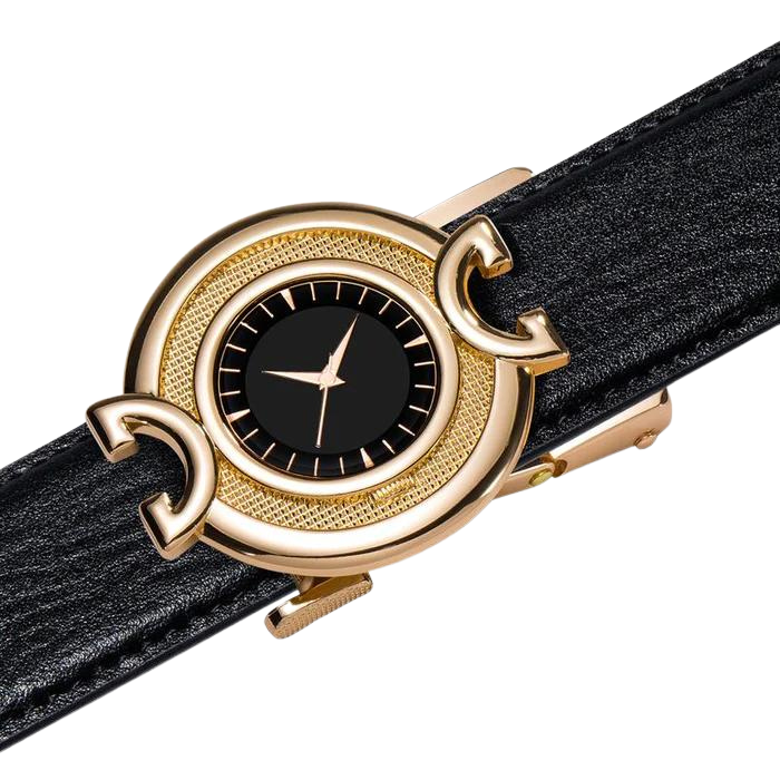 Chaudhary Black Leather Belt With Watch Design Automatic Buckle
