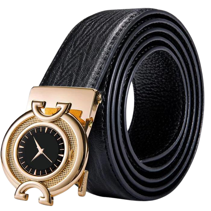 Chaudhary Black Leather Belt With Watch Design Automatic Buckle