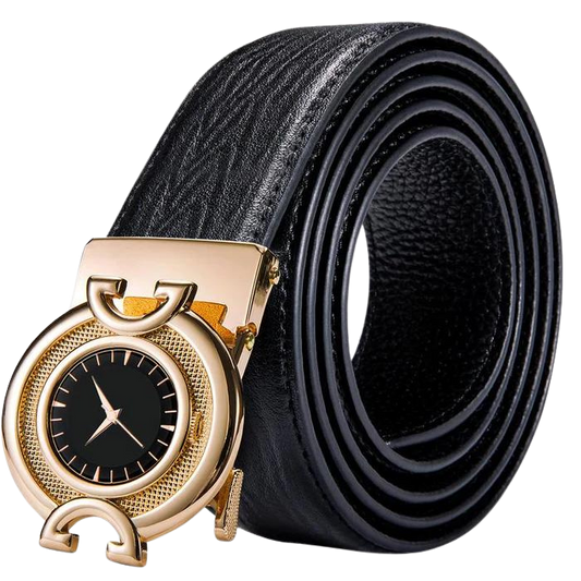 Chaudhary Black Leather Belt With Watch Design Automatic Buckle